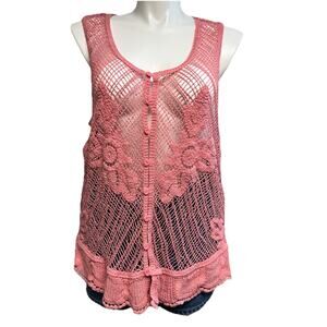VTG Y2K Pink Vest Crochet Cardigan Open Knit Sweater 22/24W Hippie Boho Festival